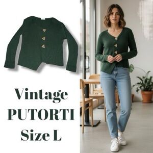 PUTORTI Vintage 80s 90s Sweater Forest Green Ribbed Asymmetrical Cute Buttons L